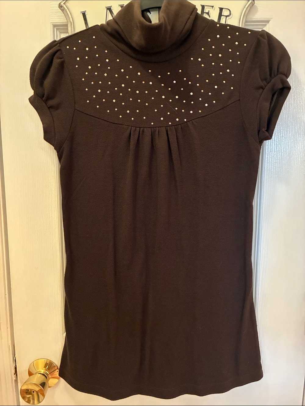 Vintage Timing Chocolate Brown Short-Sleeve Cowl Neck Tunic with Bedazzling